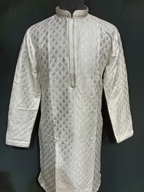 Delightful White Colored Silver Zari Work Kurta Pajama Sets For Men