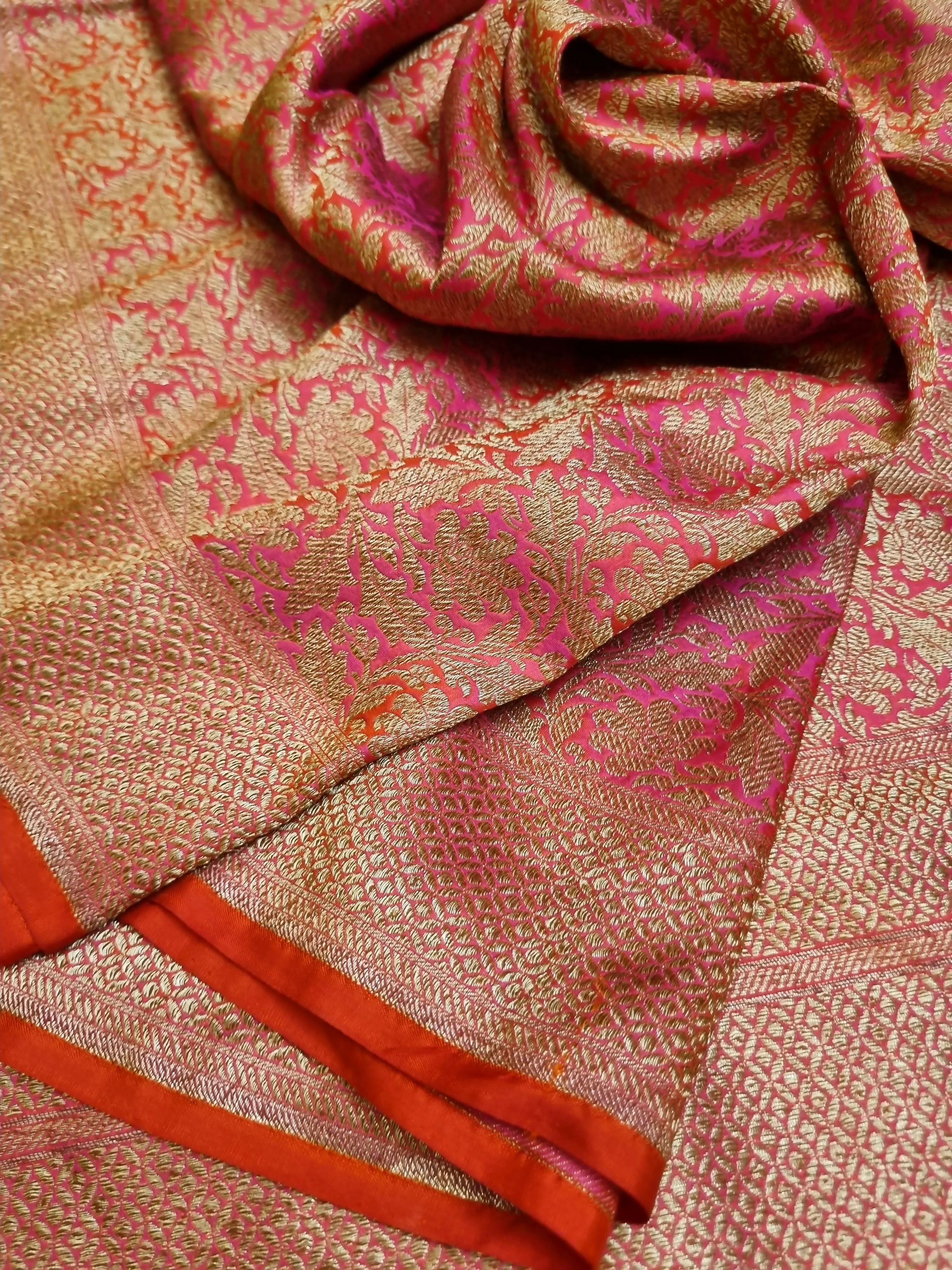 Dual Tone Magenta and Orange Color Pure Katan Brocade Banarasi Saree