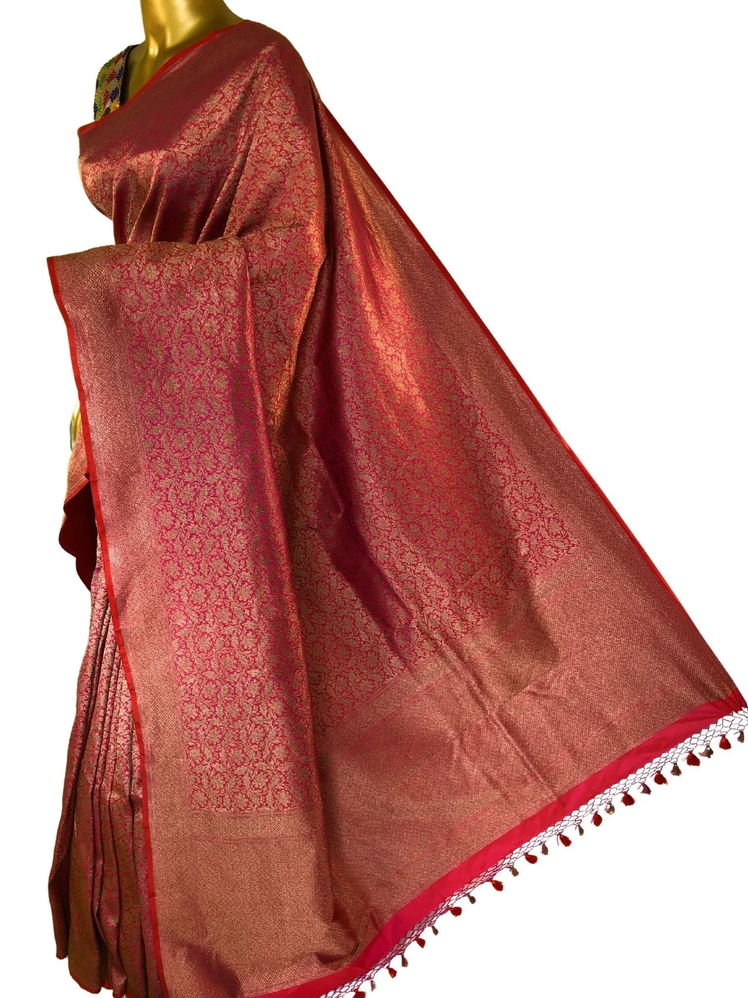 Dual Tone Magenta and Orange Color Pure Katan Brocade Banarasi Saree