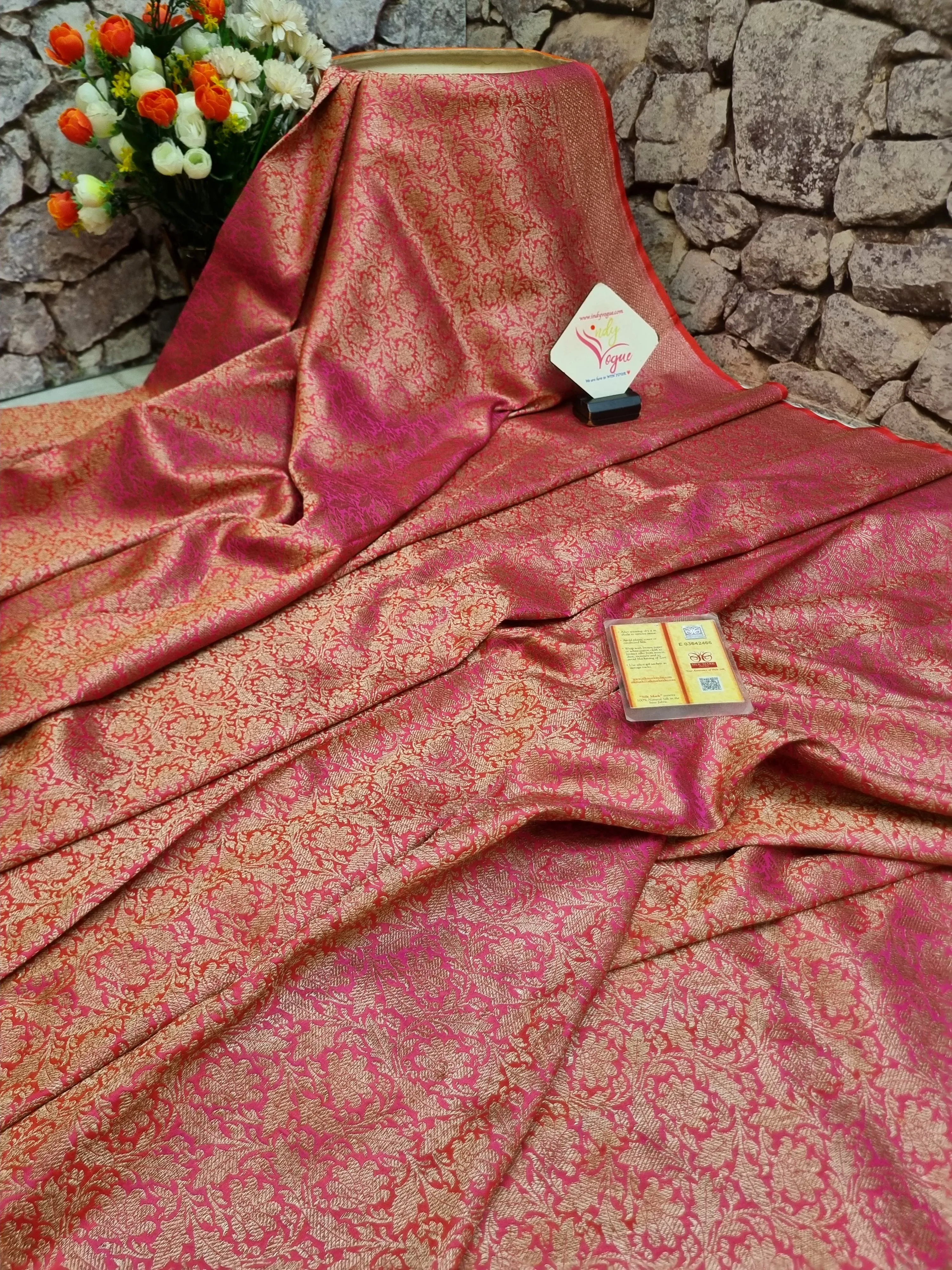 Dual Tone Magenta and Orange Color Pure Katan Brocade Banarasi Saree