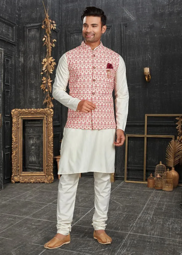 Elegant Pink Colored Cotton Kurta Pajama With Jacket Sets For Men