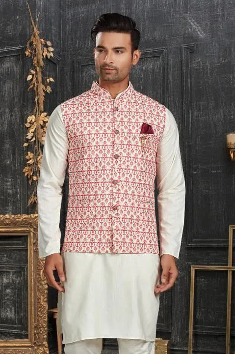 Elegant Pink Colored Cotton Kurta Pajama With Jacket Sets For Men