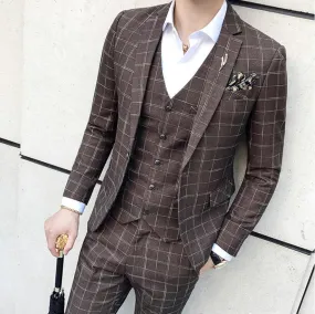 Elegant Brown Plaid Three Piece Suit