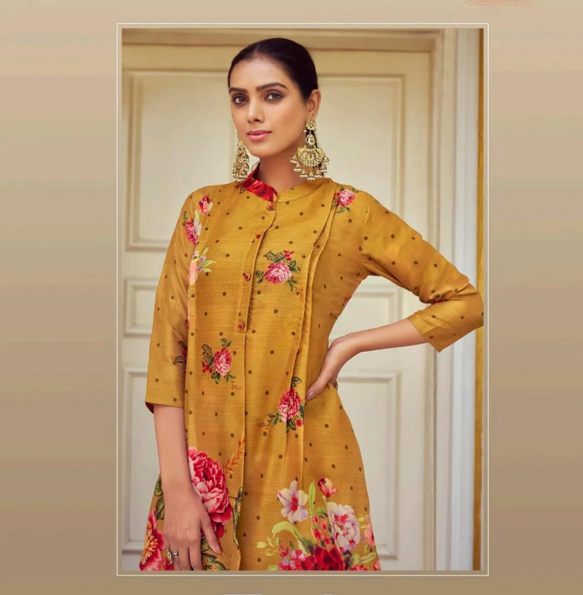 Elegant Mustard Yellow Tusser Silk Floral Design Kurti With Pant For Women