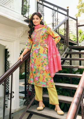 Elegent Mustard Yellow Color Straight Kurthi With Pant And Fancy Jacquard Dupatta For Women