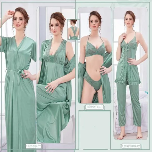 Fancy Indian Silk Bridal Nighty Set 6pc For Women