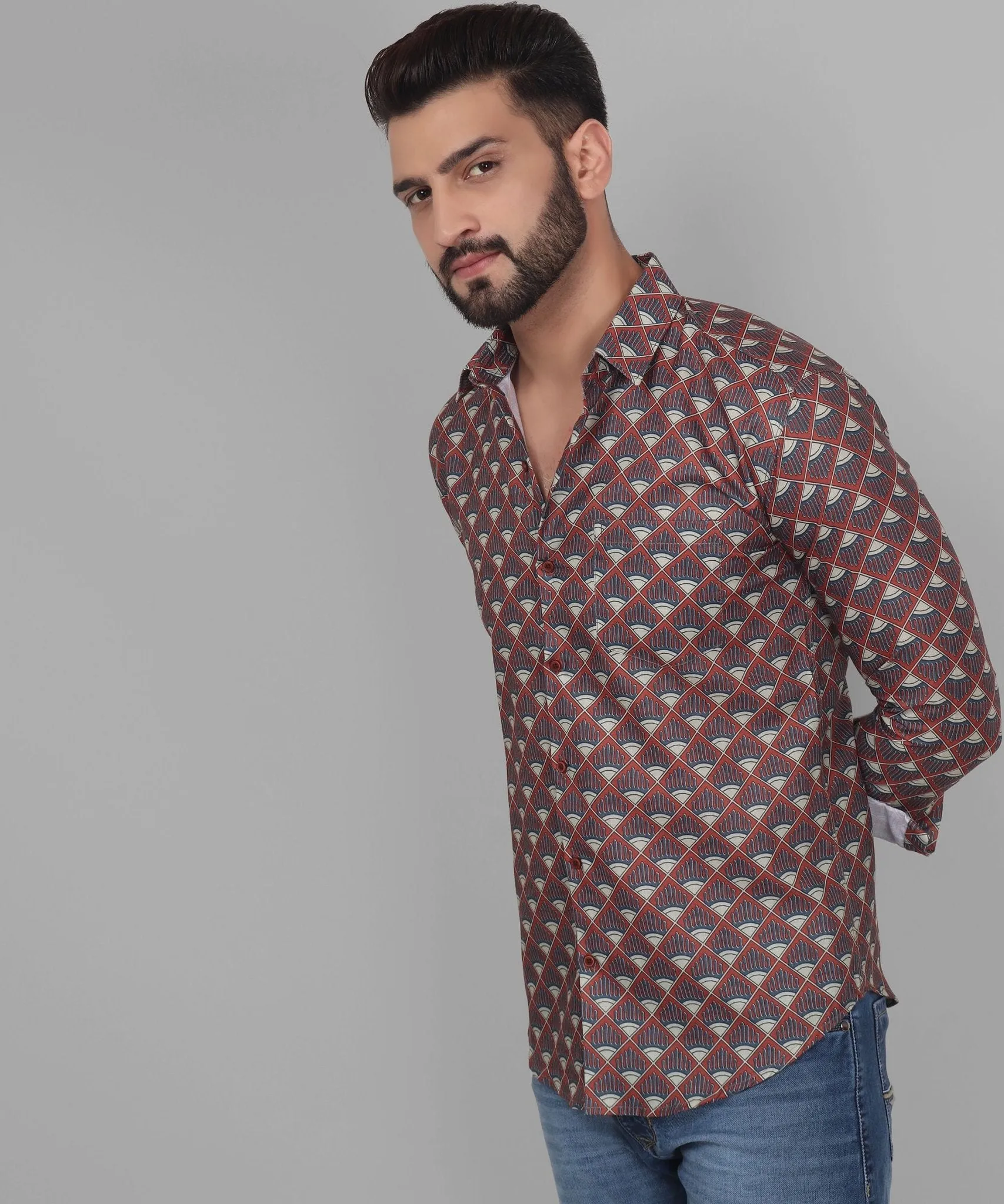 Flamboyant Men's Printed Full Sleeve Cotton  Button-Up Shirt For Men