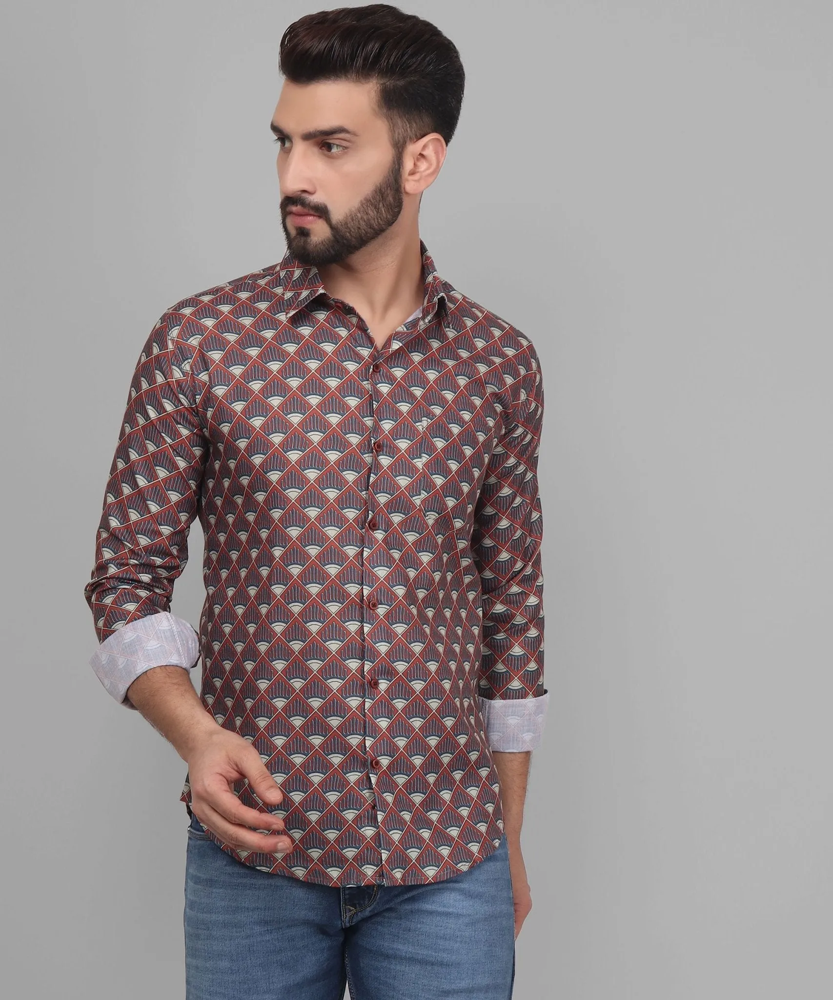 Flamboyant Men's Printed Full Sleeve Cotton  Button-Up Shirt For Men