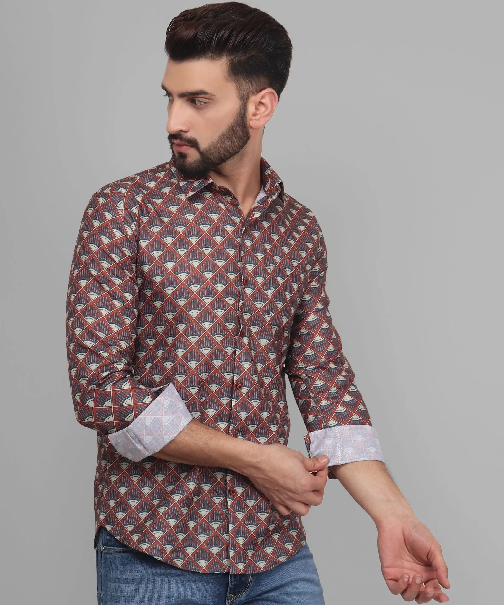 Flamboyant Men's Printed Full Sleeve Cotton  Button-Up Shirt For Men