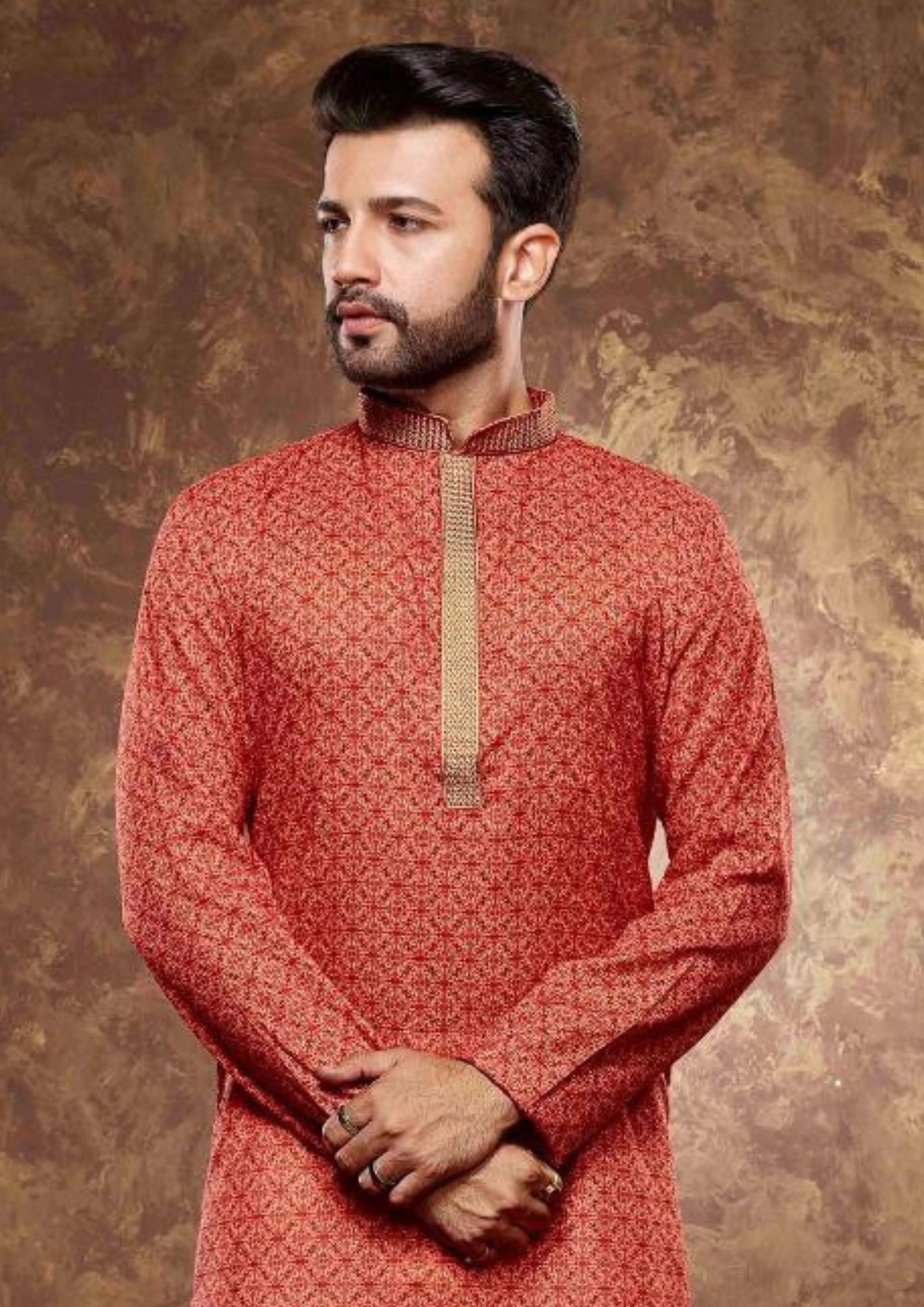 Gorgeous Red Color Poly Cotton With Digital Print Kurta For Men