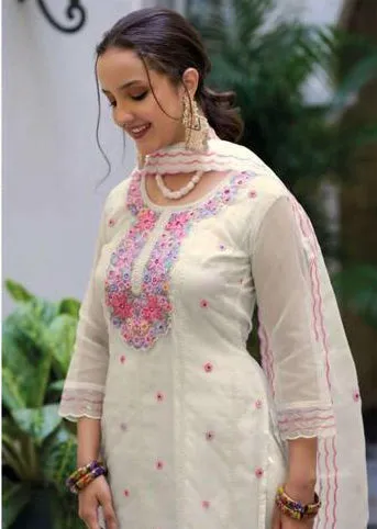 Gorgeous Heavy Organza Fancy Embroidery Salwar Suits White Color Kurti Sets For Women