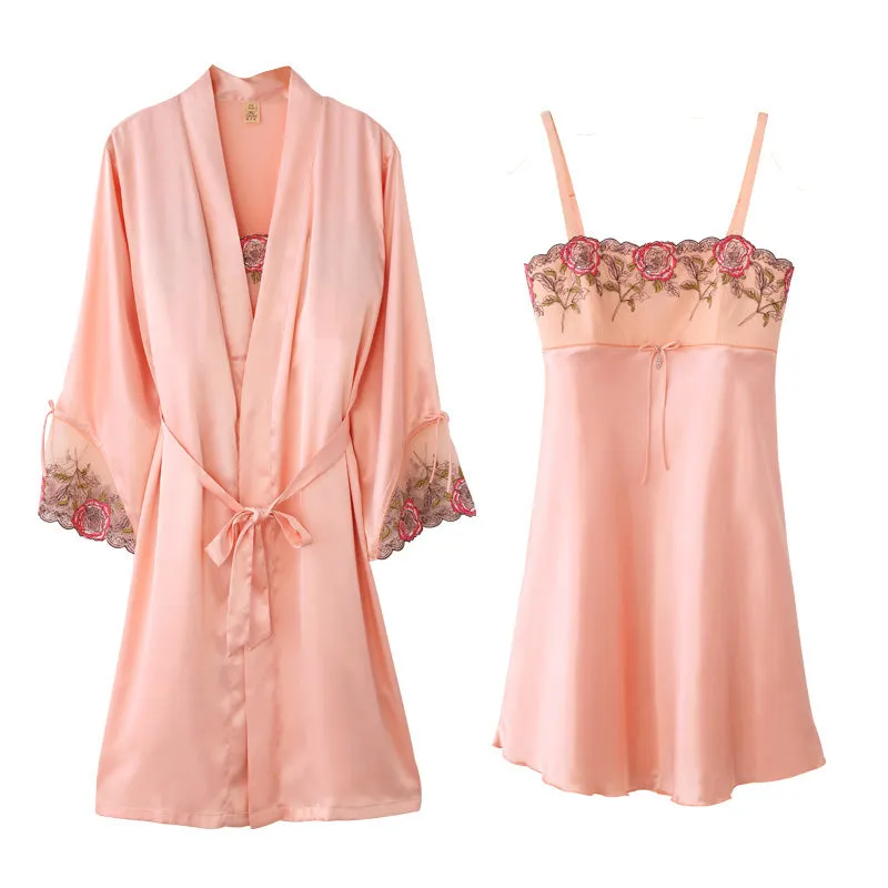 Gown Sets Two-Piece Women Bathrobes Sexy Silk Satin Lace