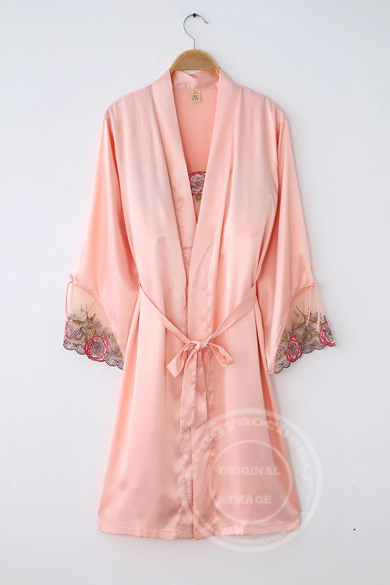 Gown Sets Two-Piece Women Bathrobes Sexy Silk Satin Lace