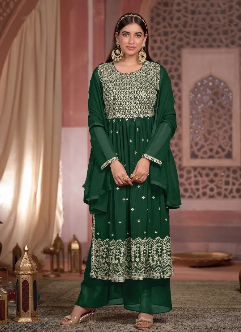 Green Blooming Georgette Embroidered  Designer Palazzo Suits For Women