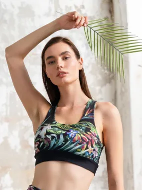 Lismina Patterned Black Green Flower Sport Bra