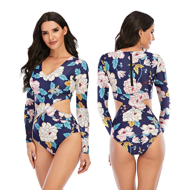 Long Sleeve One Piece Swimsuit For Women Rashguard Print Surf Swimwear