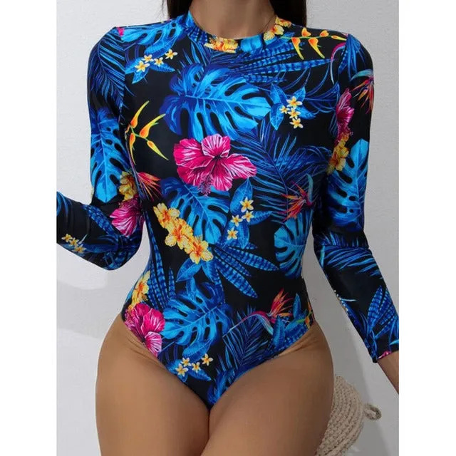 Long Sleeve One Piece Swimsuit For Women Rashguard Print Surf Swimwear