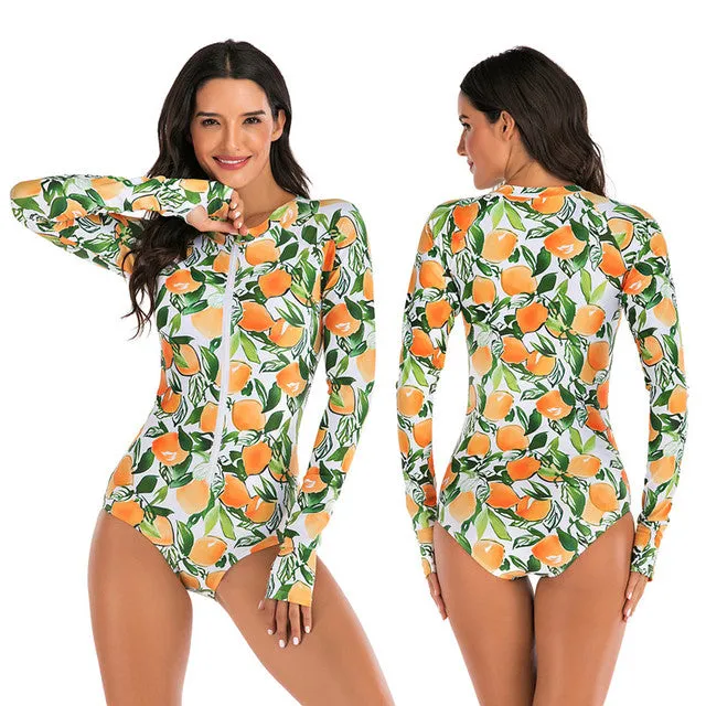 Long Sleeve One Piece Swimsuit For Women Rashguard Print Surf Swimwear