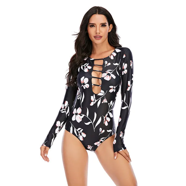 Long Sleeve One Piece Swimsuit For Women Rashguard Print Surf Swimwear