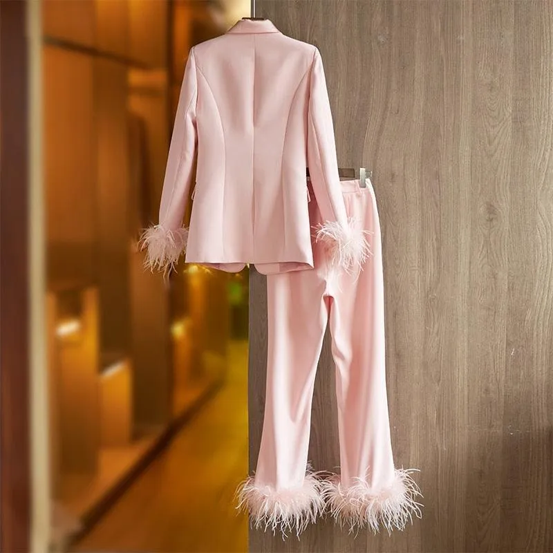 Luxury Pink Feather Pantsuit