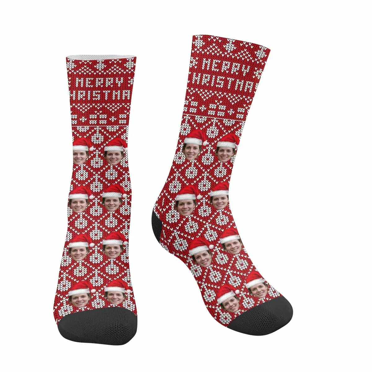 [Made In USA]Custom Face Sublimated Crew Socks Red Socks Merry Christmas Personalized Funny Photo Socks Gift