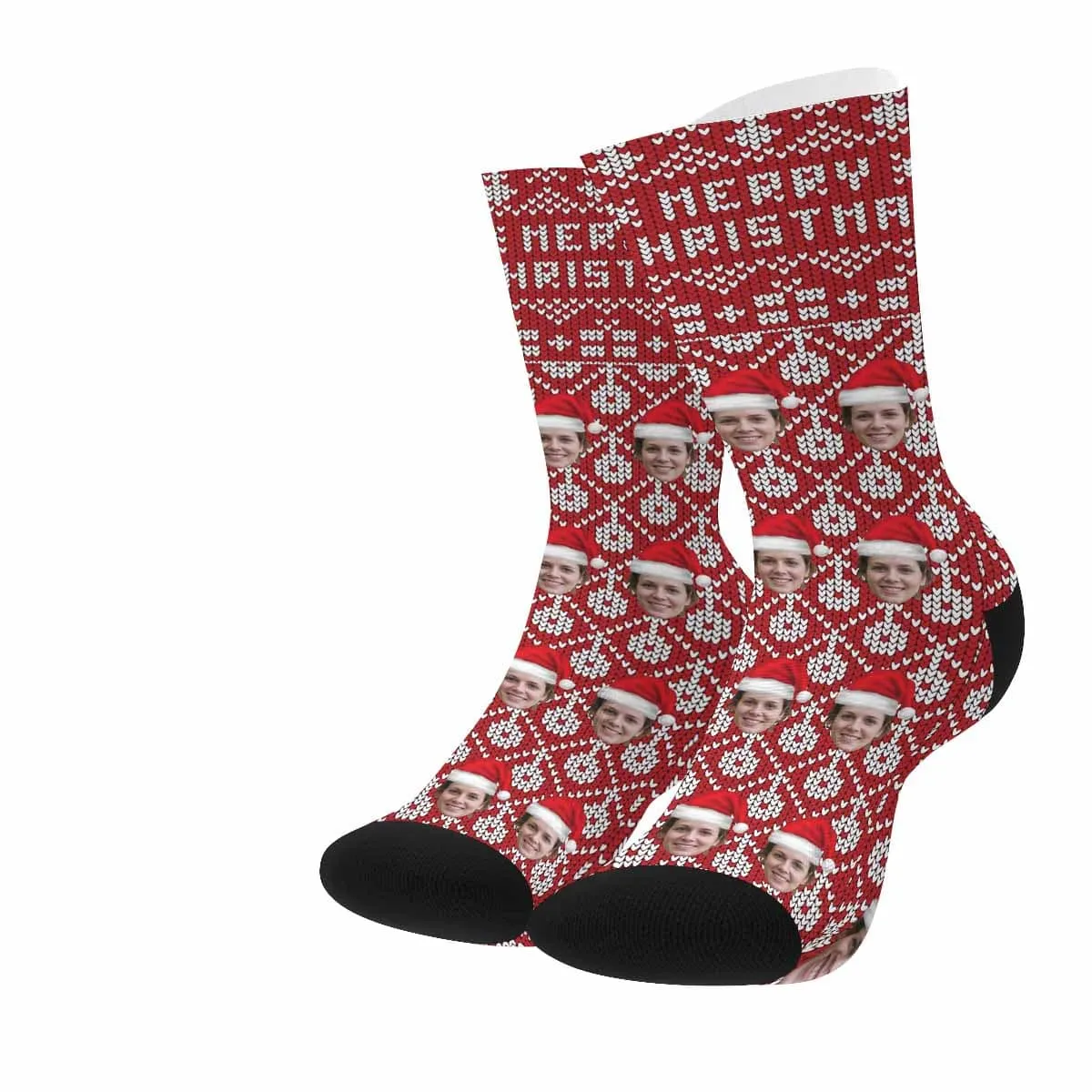 [Made In USA]Custom Face Sublimated Crew Socks Red Socks Merry Christmas Personalized Funny Photo Socks Gift