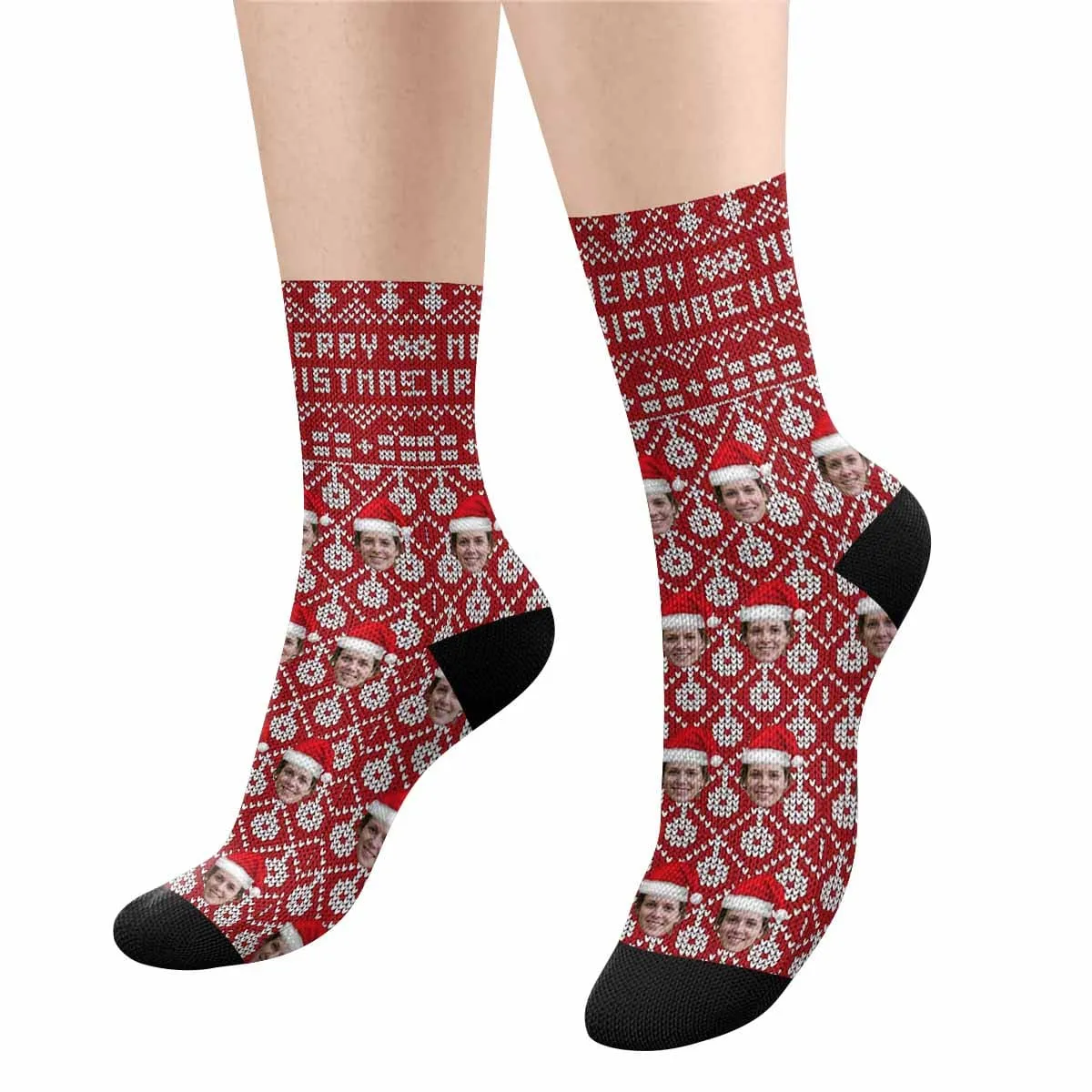 [Made In USA]Custom Face Sublimated Crew Socks Red Socks Merry Christmas Personalized Funny Photo Socks Gift