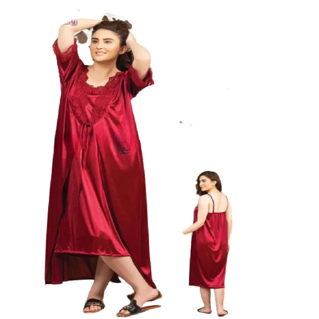 Maroon Nightwear Bridal Nighty Set Honeymoon Nighty Silk Nighty Set for Women Long Sleepwear