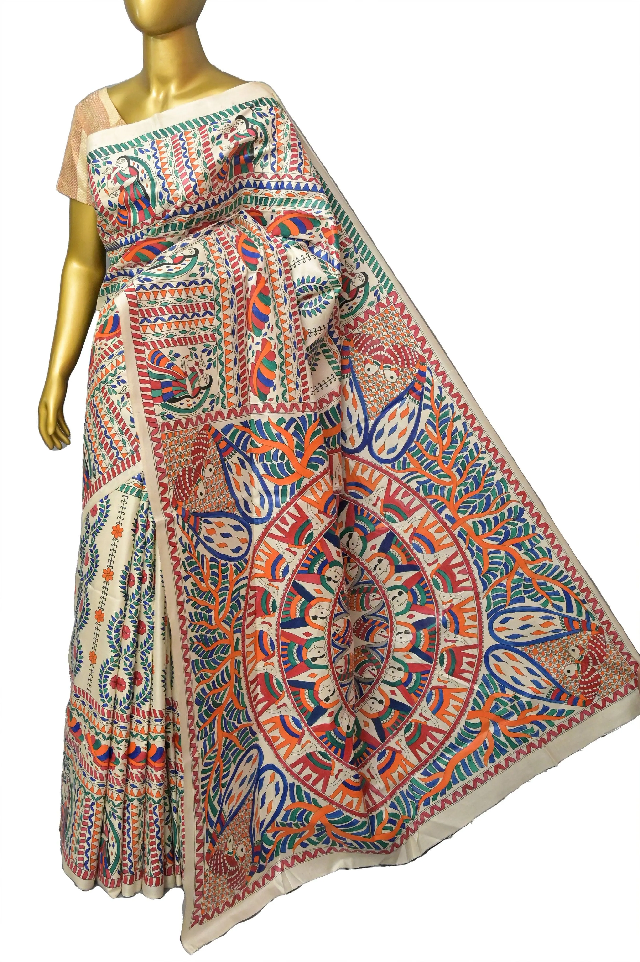 Multicolor Katan Silk Saree with Hand Painted Madhubani Work