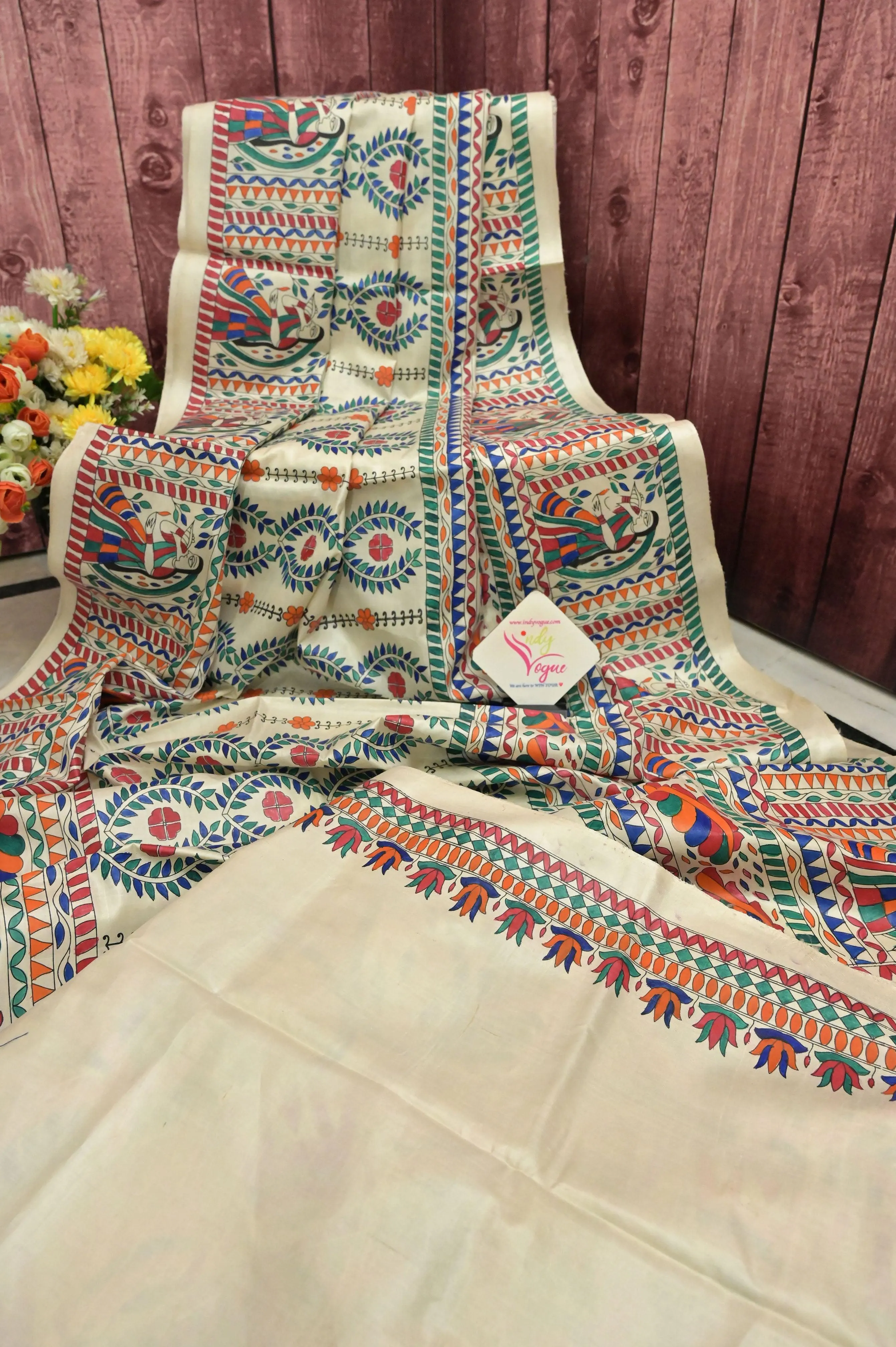 Multicolor Katan Silk Saree with Hand Painted Madhubani Work