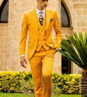 Mustard Yellow Fashion Men's Slim Fit Custom Suits Men Business Prom Wedding Suits 3 Pieces Set Traje Hombre Jacket Vest Pants