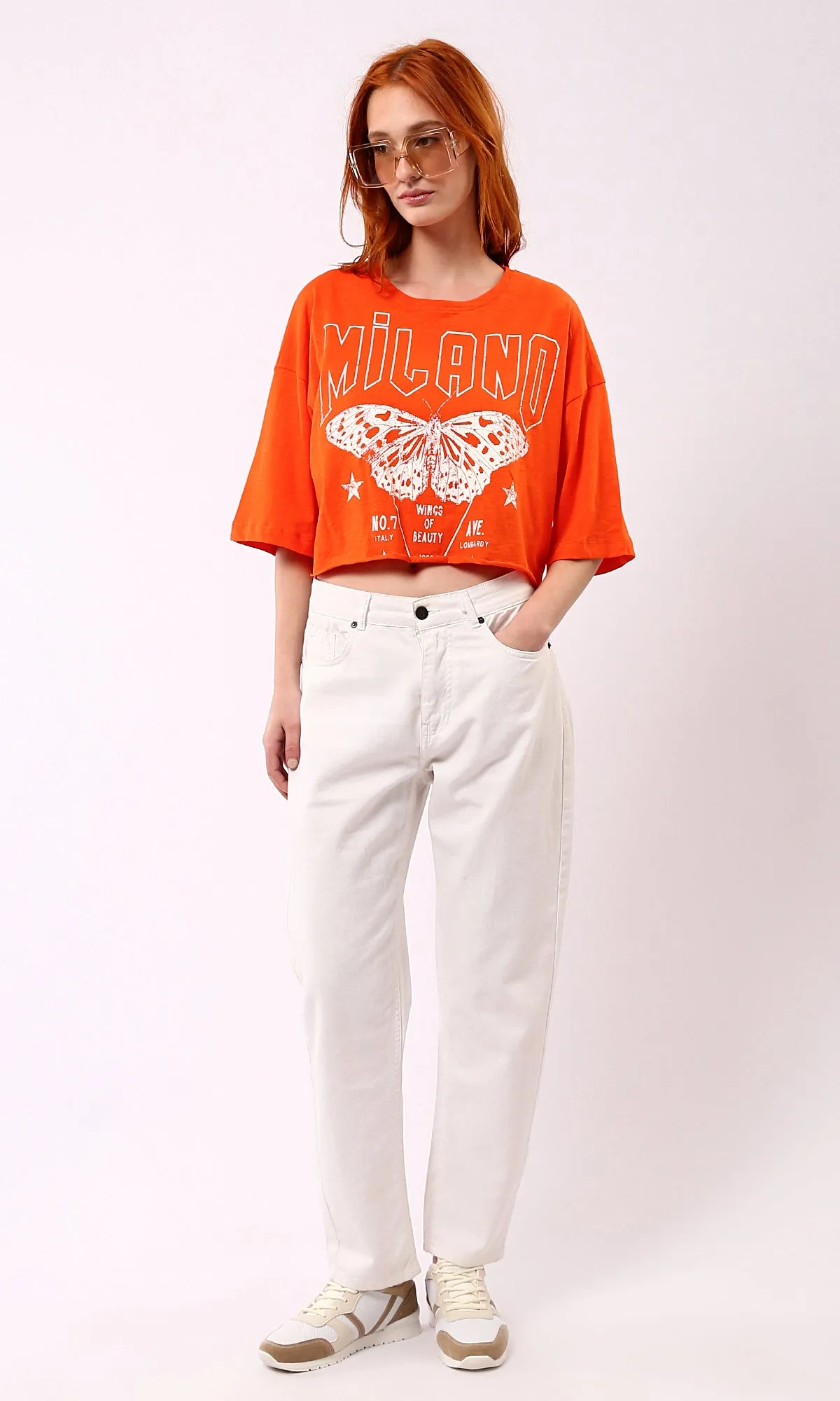 O180449 Printed Butterfly Loose Short Tee - Hot Orange