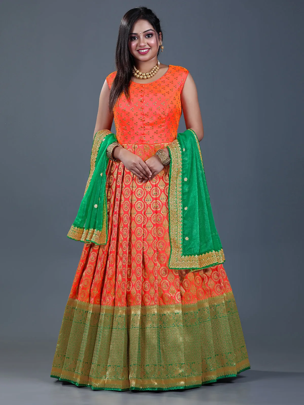 Odette Women Orange Banarasi Silk Woven Stitched Gown