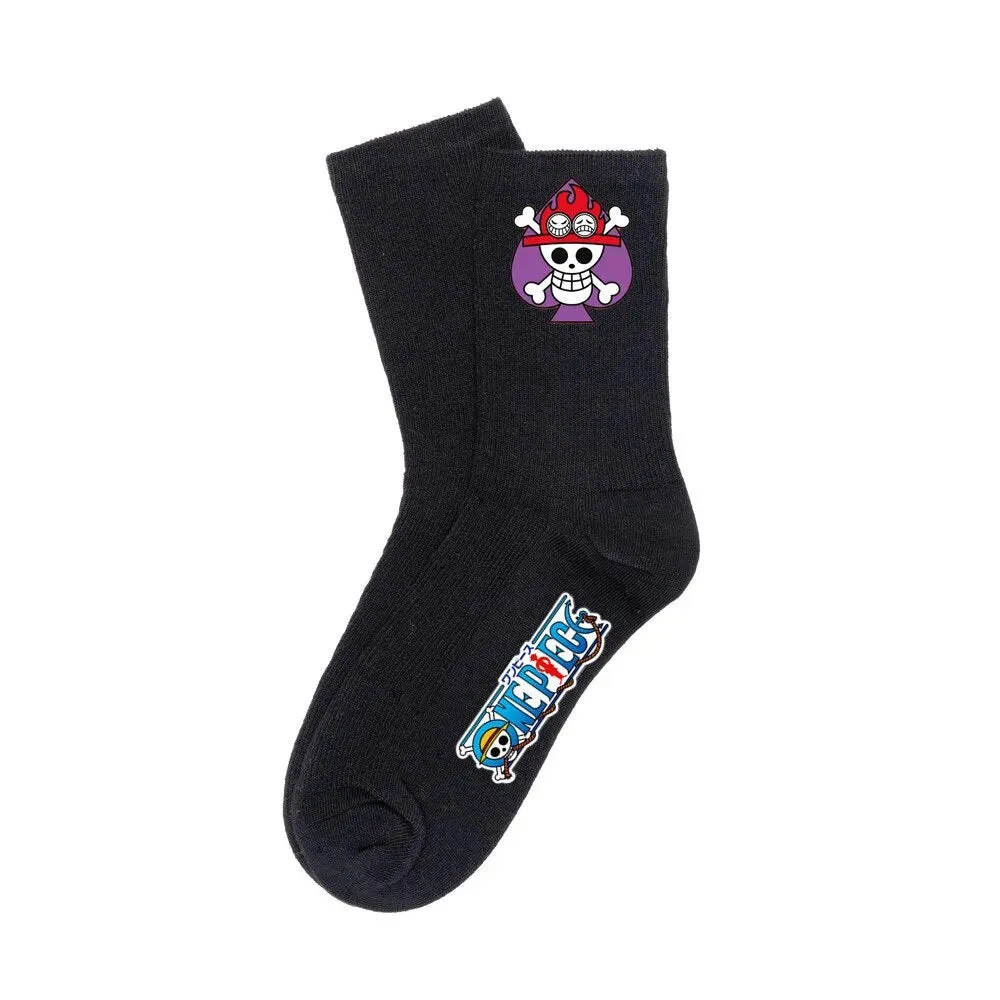 One Piece Luffy Socks Anime Character Cartoon Long Tube Cotton Socks Men and Women Black White Two-Color Printed Knitted Socks