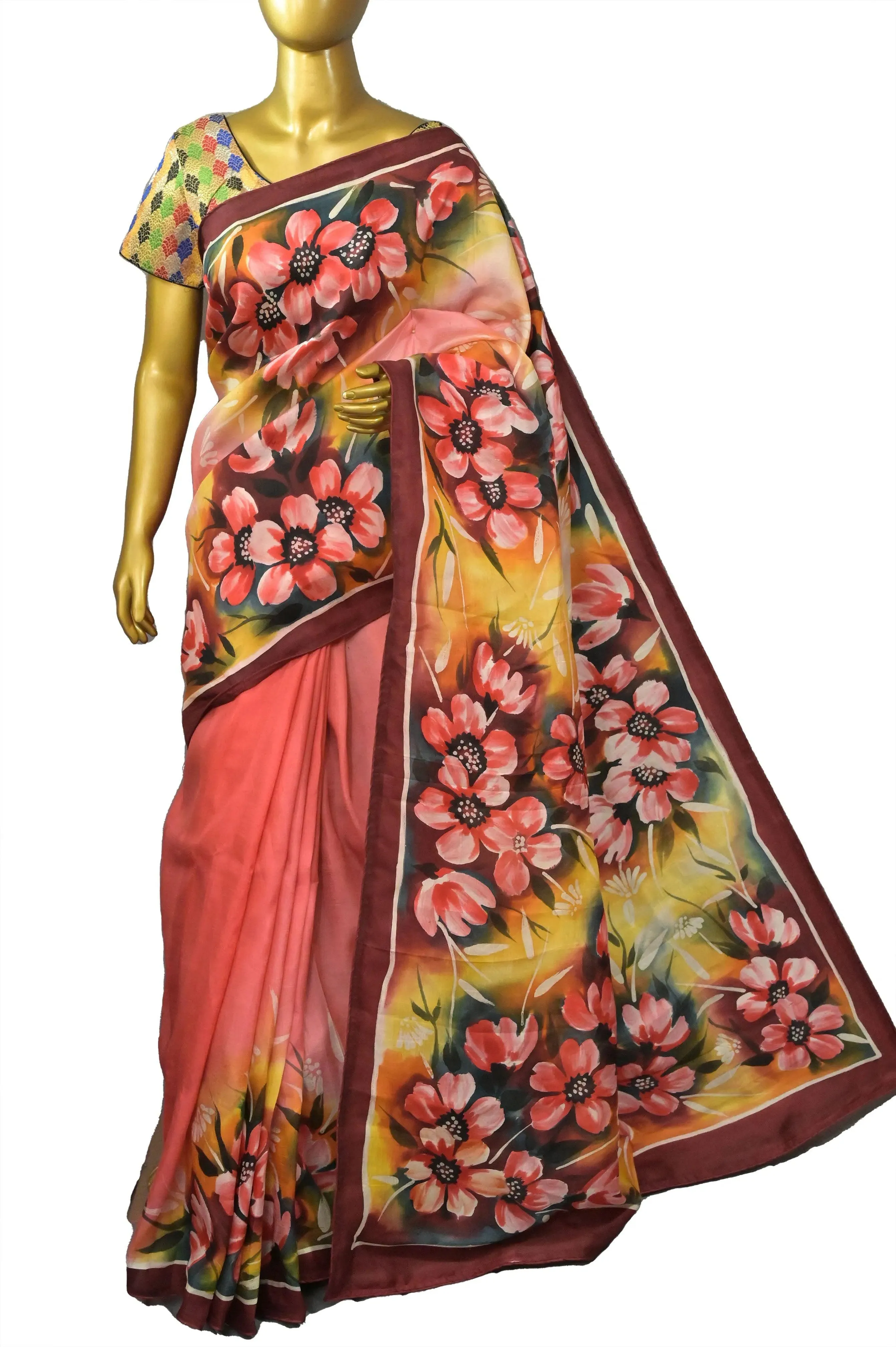 Peach Color Pure Bishnupur Silk Saree with Hand Paint