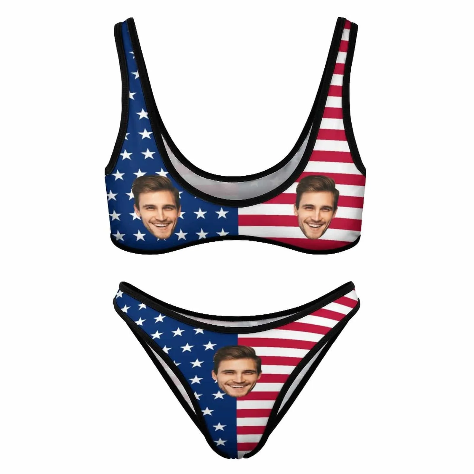 Custom Face USA Flag Scoop Neck Sport Top Low Waisted Bikini Personalized Women's Two Piece Swimsuit Beach Outfits