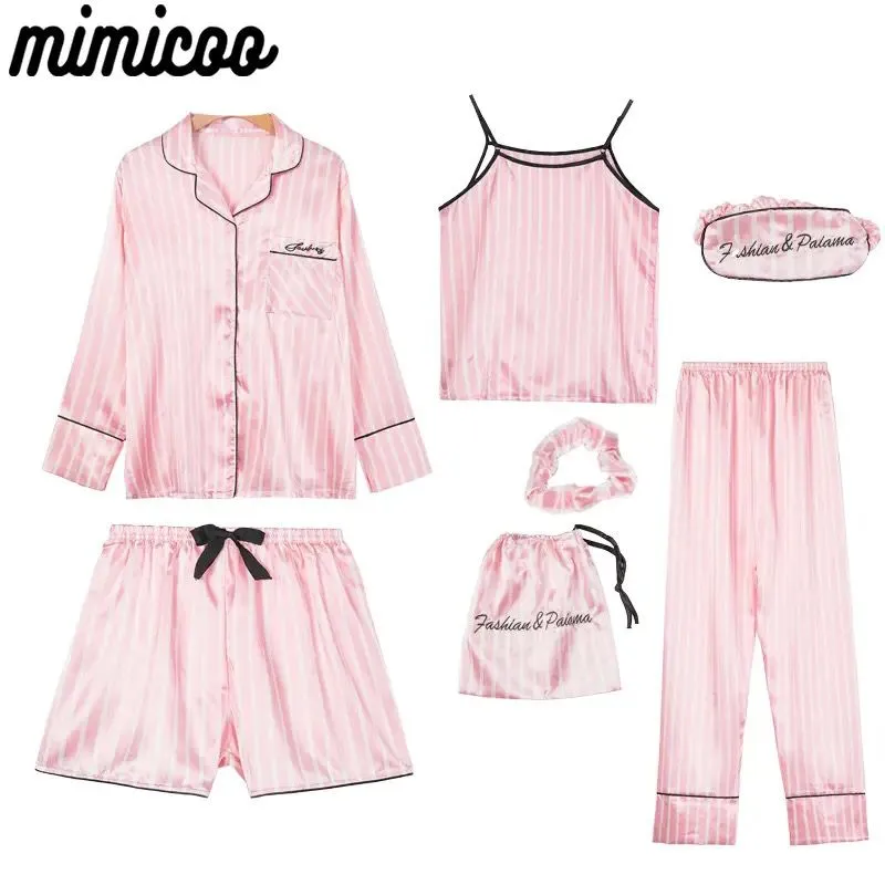 Pink Women's 7 Pieces Pajamas Sets Faux Silk Striped Pyjama Women Sleepwear Spring Summer Autumn Homewear Lounge Home Clothes S3227381