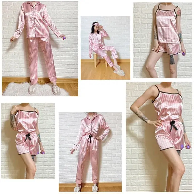 Pink Women's 7 Pieces Pajamas Sets Faux Silk Striped Pyjama Women Sleepwear Spring Summer Autumn Homewear Lounge Home Clothes S3227381