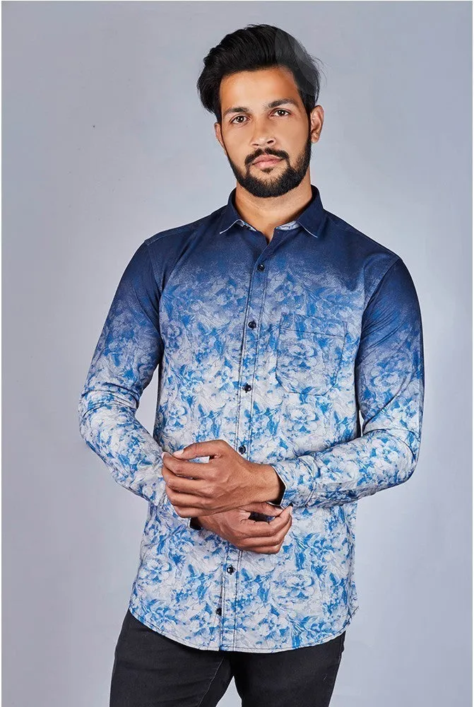 Printed Shirts for Men - Men Printed Spread Cotton Shirt Blue