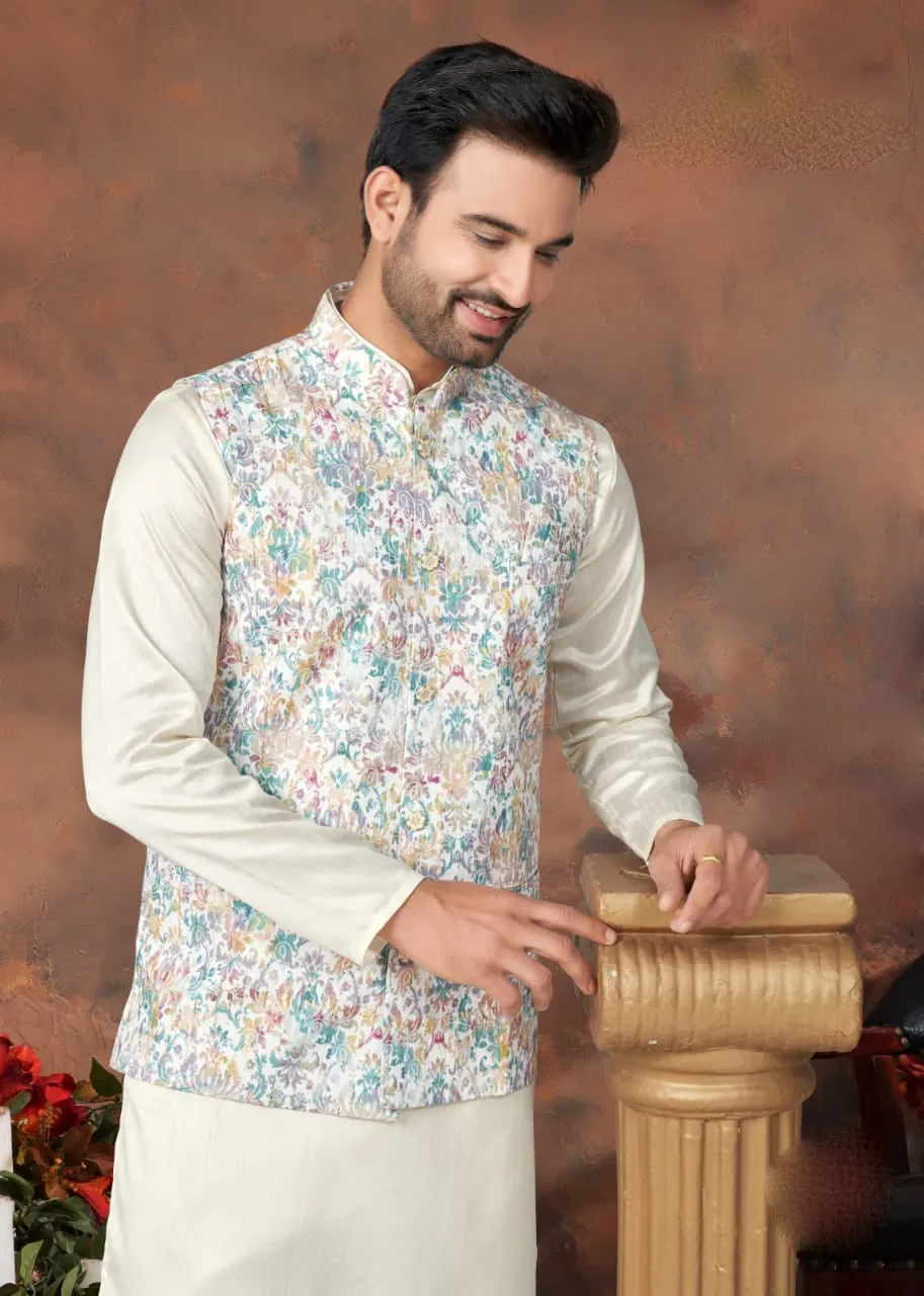 Alluring Multicolor Designer Silk Mastani Kurta Pajama Set With Digital Print Jacket For Men