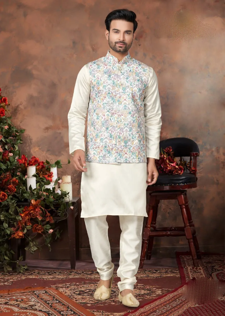 Alluring Multicolor Designer Silk Mastani Kurta Pajama Set With Digital Print Jacket For Men