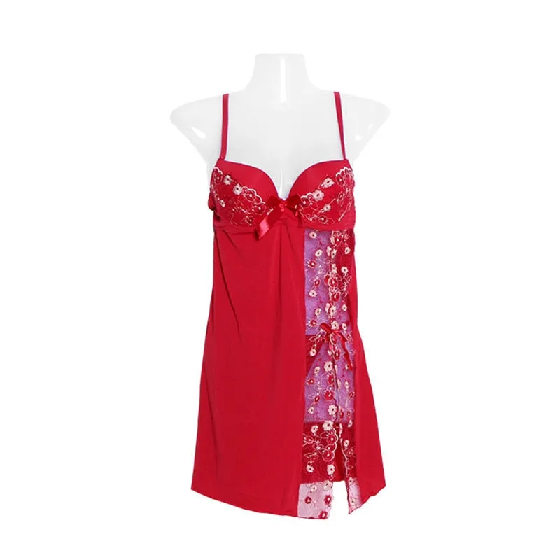 Silk Nightgown Women Lace Nightdress Briefs Set Sleepwear Dress