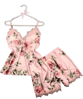 Silk Print Camisole Shorts Bow Set Sleepwear For Women