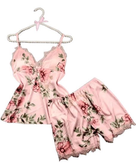 Silk Print Camisole Shorts Bow Set Sleepwear For Women