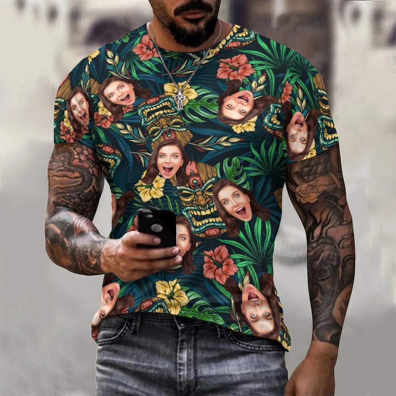 Slim Fit Cotton T-Shirt-Custom Face Leaf Flower Pure Cotton Slim Fit T-Shirt Personalized Men's All Over Print Short Sleeve T-Shirt