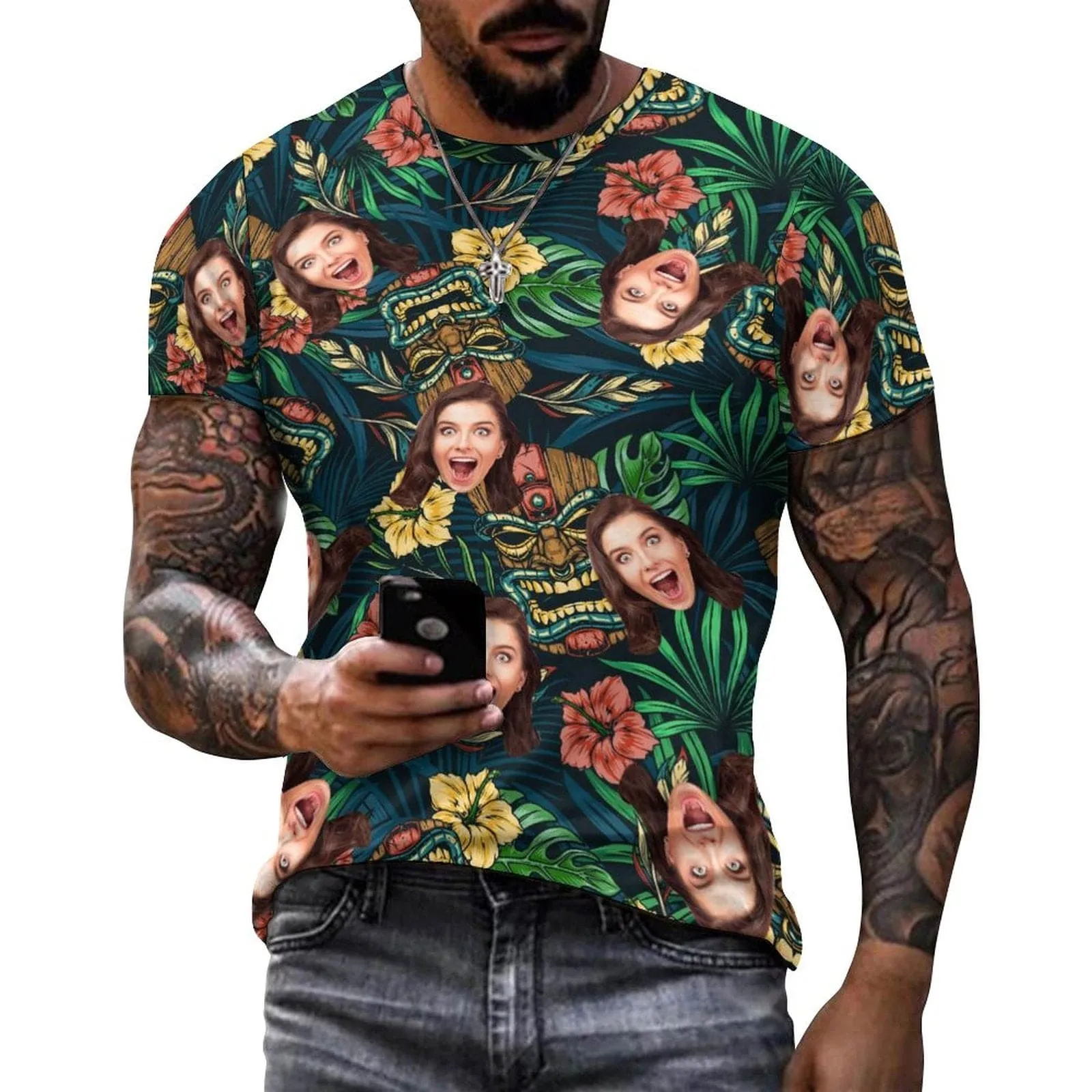 Slim Fit Cotton T-Shirt-Custom Face Leaf Flower Pure Cotton Slim Fit T-Shirt Personalized Men's All Over Print Short Sleeve T-Shirt