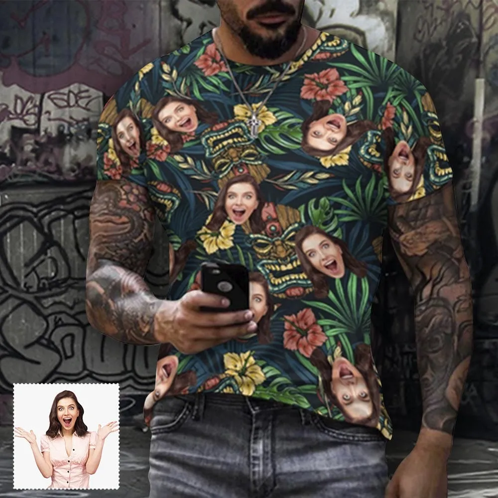 Slim Fit Cotton T-Shirt-Custom Face Leaf Flower Pure Cotton Slim Fit T-Shirt Personalized Men's All Over Print Short Sleeve T-Shirt