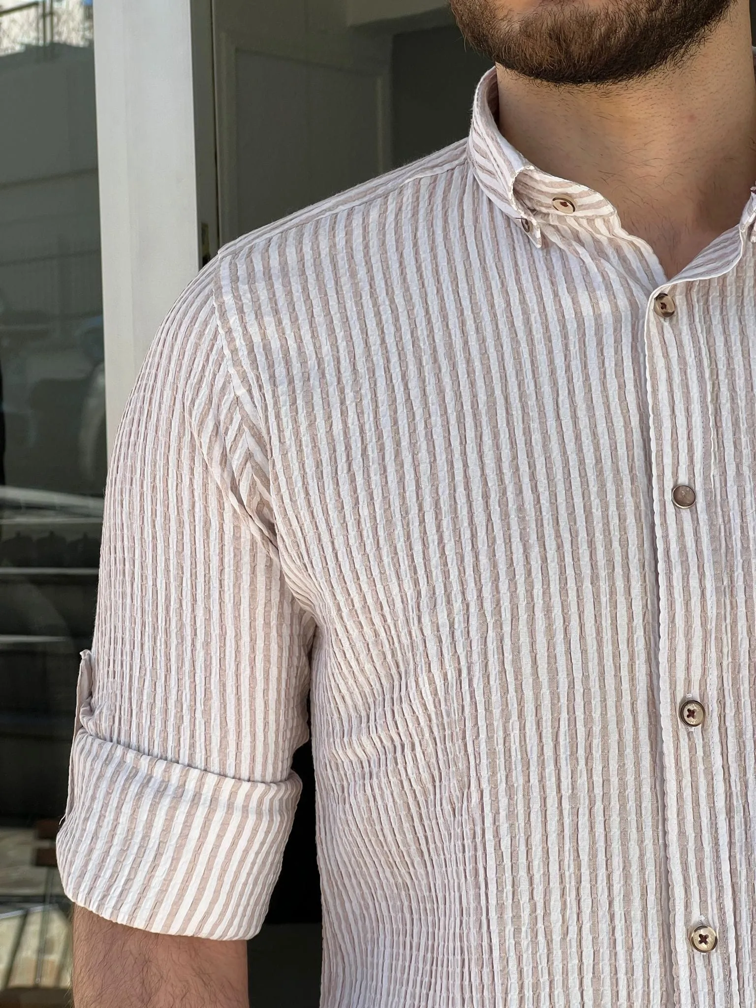 Slim Fit Foldable Sleeve Seersucker Beige Shirt