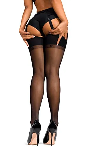 sofsy Women Sheer Thigh High Stockings | Garter Belt Pantyhose | 15 Den [Made in Italy] (Garter Belt Not Included) - Black - Small