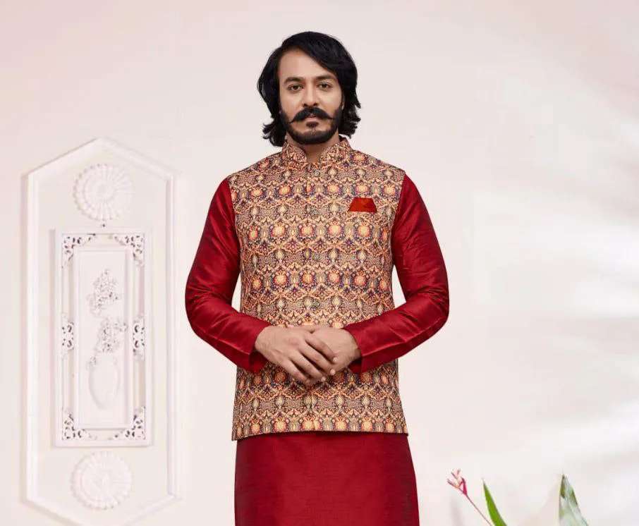 Stunning Maroon Color Designer Digital Print Work Kurta And Pajama With Jacket For Men